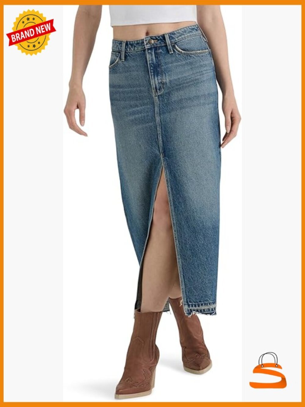 High-Waisted Denim Maxi Skirt with Front Split, 5-Pocket Style, Medium Weight
